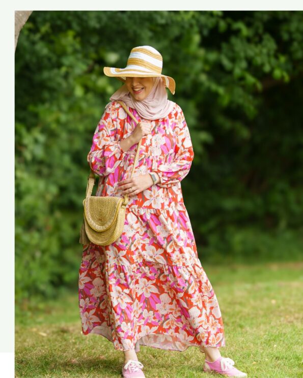 modestly cloting women wearing modest flower dress in purple