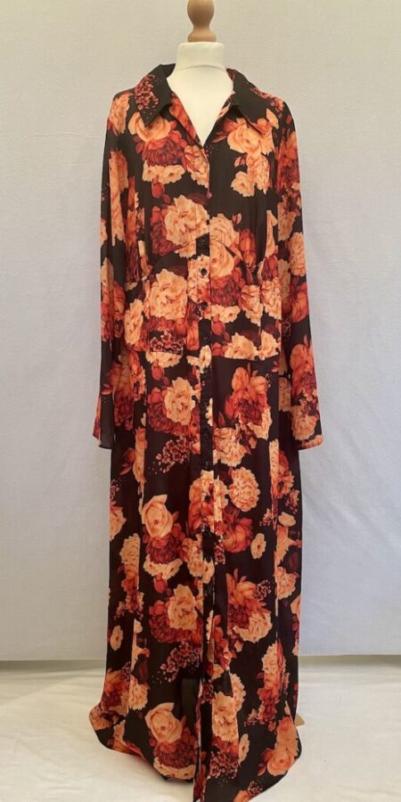 ASOS Curve floral orange over black background button front maxi dress