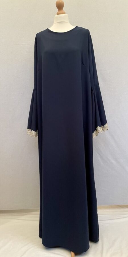 Coco Huit Paris navy blue abaya with lace at the flared wrist