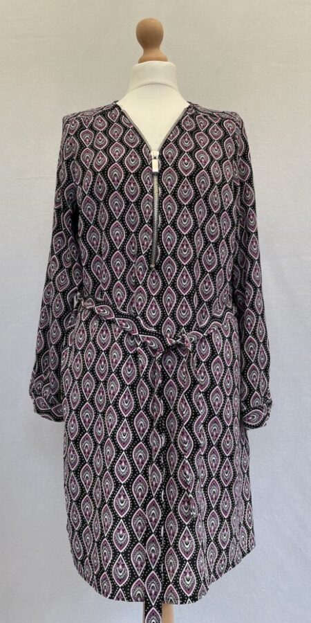 George purple patterned long sleeved tunic dress with a chunky silver zip