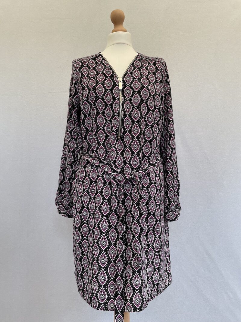 George purple patterned long sleeved tunic dress with a chunky silver zip