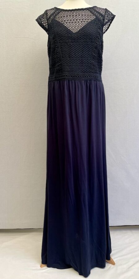 Modest H&M long navy dress with lace front in jersey style fabric. Back zip closure. Size L. It has a small mend on the back top section of the dress.