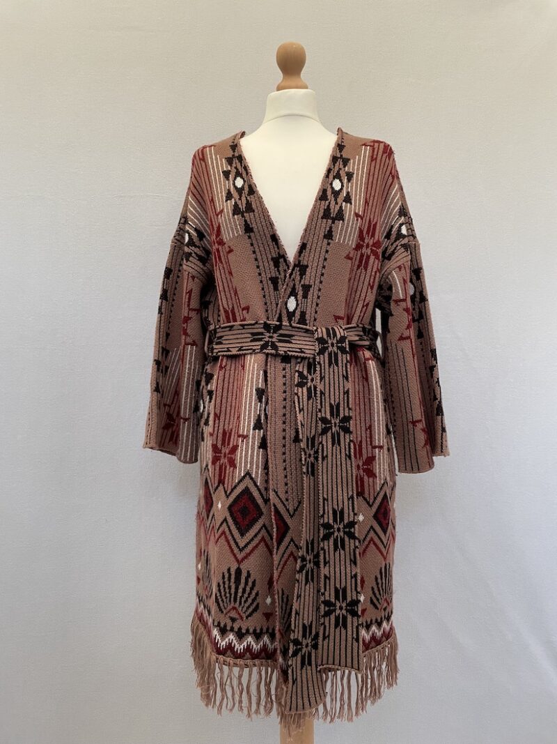 Monsoon Peruvian style knit cardigan with open front and a matching belt