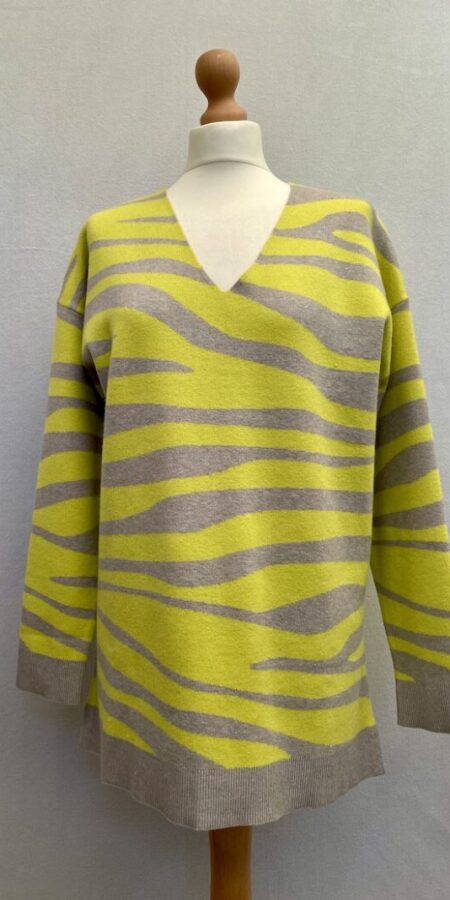 Next zebra print yellow and grey jumper in size 10 with long sleeves and v-neckline in excellent condition