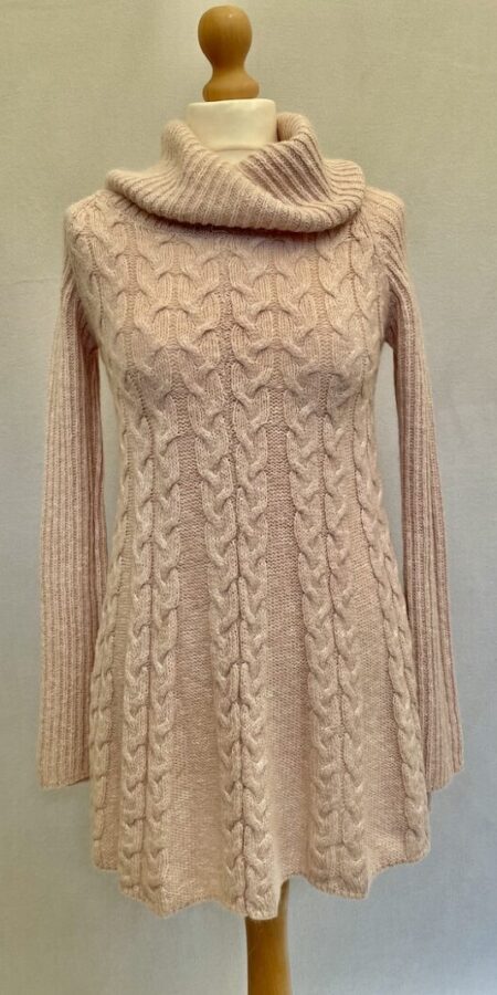 Buy this cosy Phase Eight cable knit long light pink jumper with cowl neckline