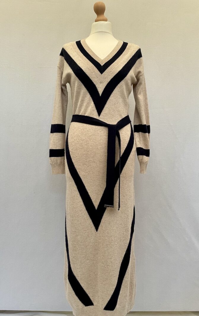 Ted Baker long knitted dress in oat with navy blue chevron stripes