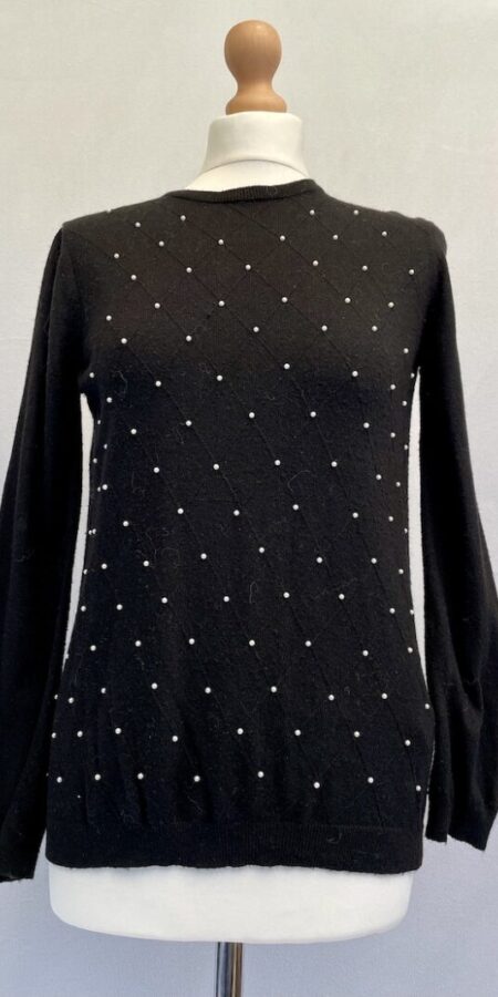 Zara knit black angora mix jumper with diamond pattern and white pearls