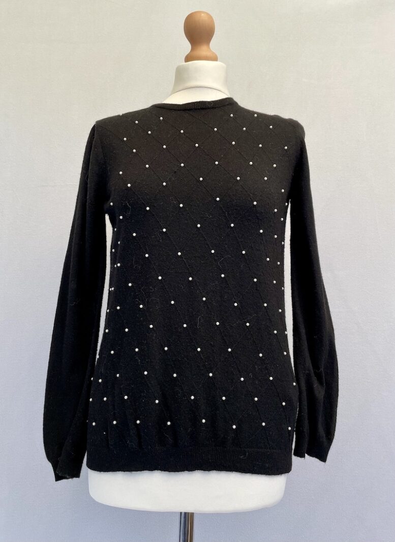 Zara knit black angora mix jumper with diamond pattern and white pearls