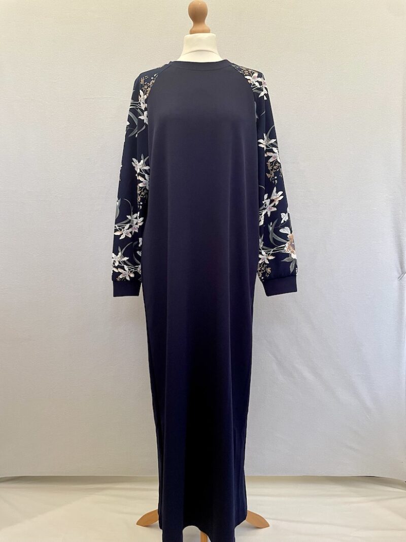 Shein long dark blue straight dress with floral sleeves