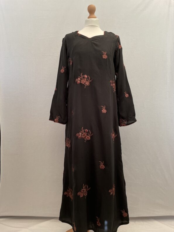 Black abaya with brown floral embroidery. Fully lined.