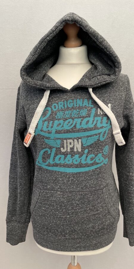 Superdry grey hoodie with front pockets and statement front, size M