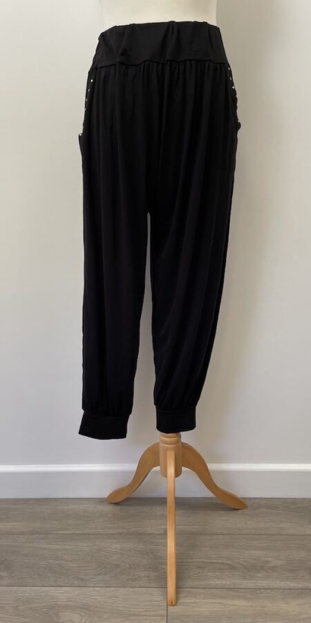 Black harem pants, new without tag, two pockets with sequins, fits size 8-12