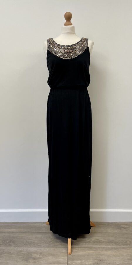 Warehouse black jersey stretch maxi dress with beading, size 12
