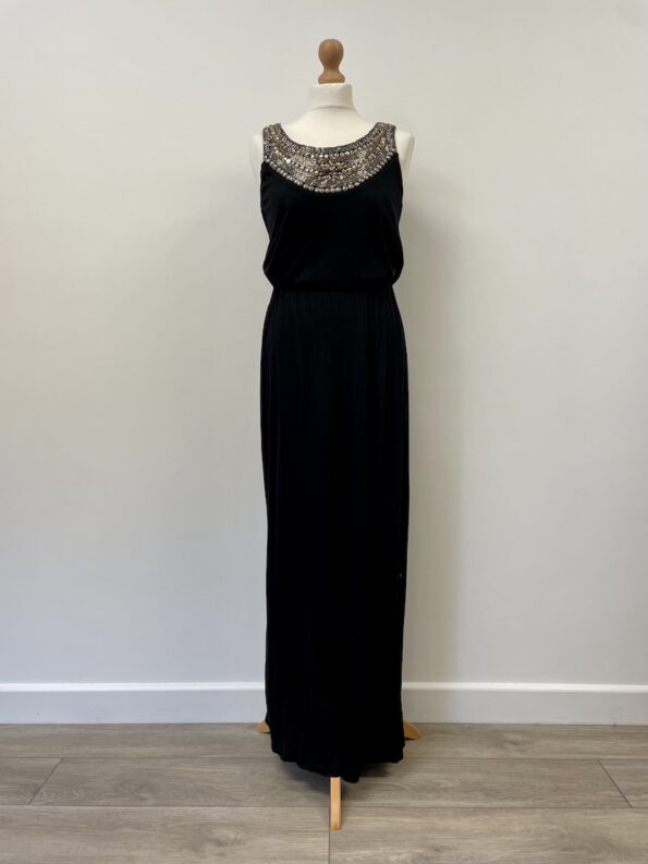 Warehouse black jersey stretch maxi dress with beading, size 12