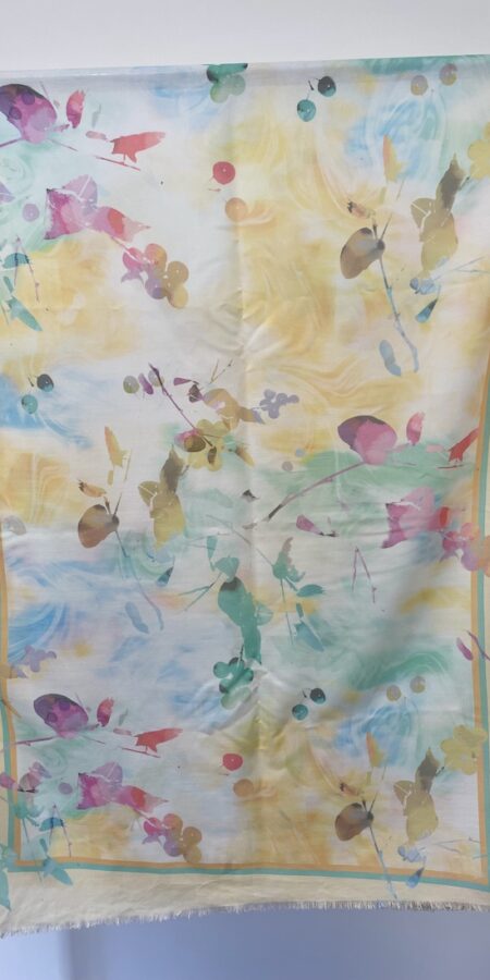 Yellow cotton long scarf/hijab with green and pink accents