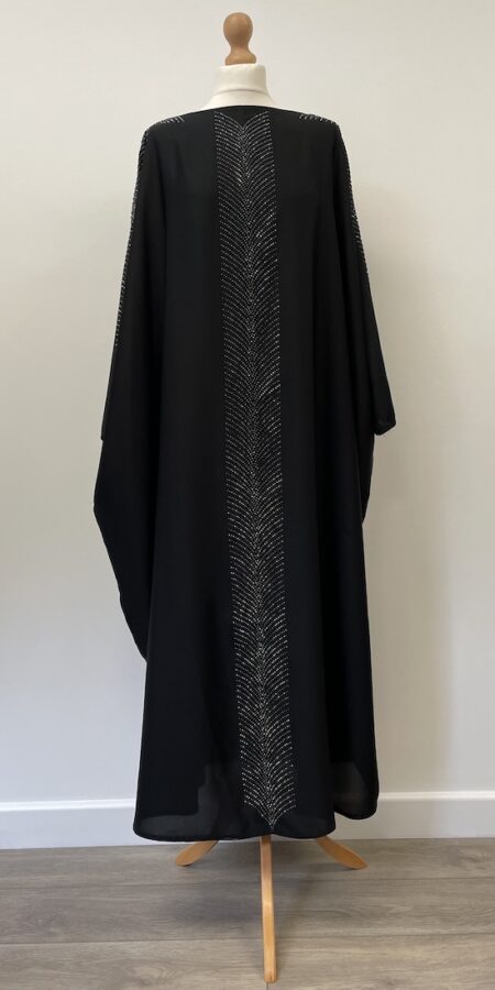 Black abaya with chevron style silver gem sequins, size S, 52" long