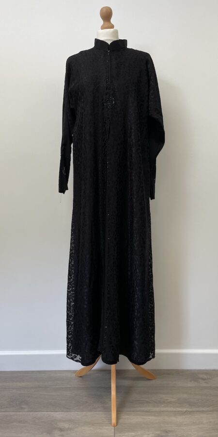 Black abaya with patterned chiffon top layer and gems, size m, 54" long