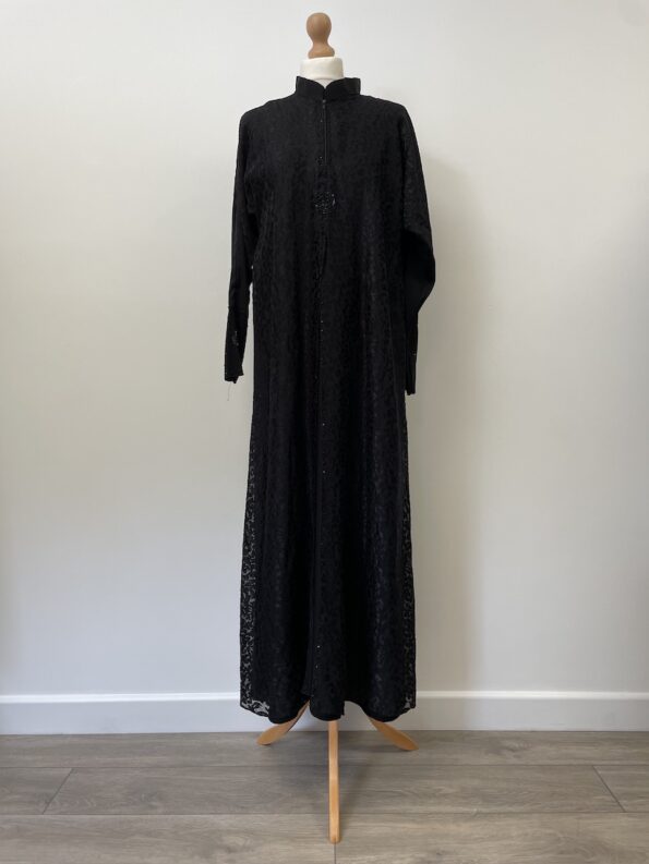 Black abaya with patterned chiffon top layer and gems, size m, 54" long
