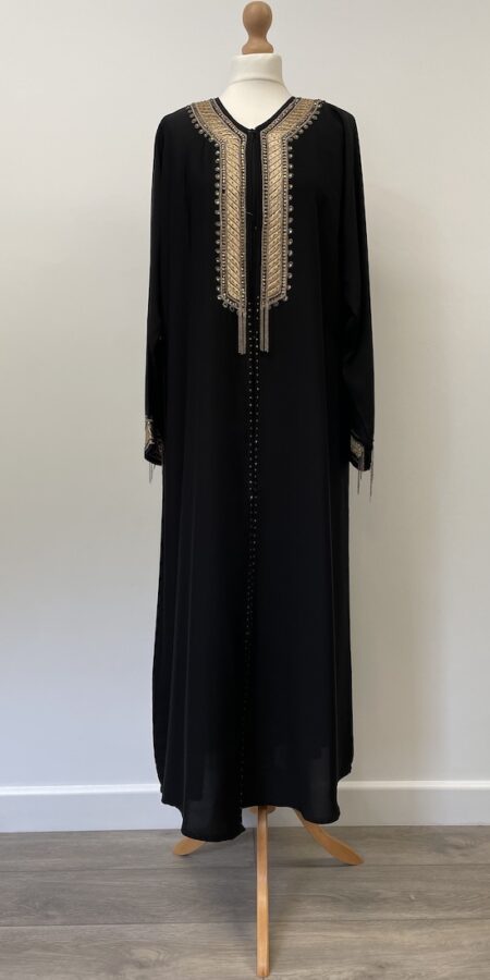 Black abaya with gold embroidery, gems and beading