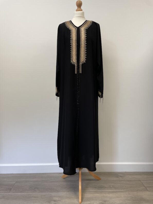 Black abaya with gold embroidery, gems and beading