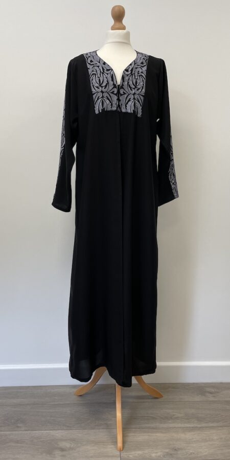Black teenage abaya with silver grey embroidery, 50" long