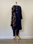 Dark blue shalwar kameez set with velvet shawl – full view