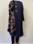 Dark blue shalwar kameez set with velvet shawl – full view