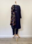 Dark blue shalwar kameez set with velvet shawl – full view