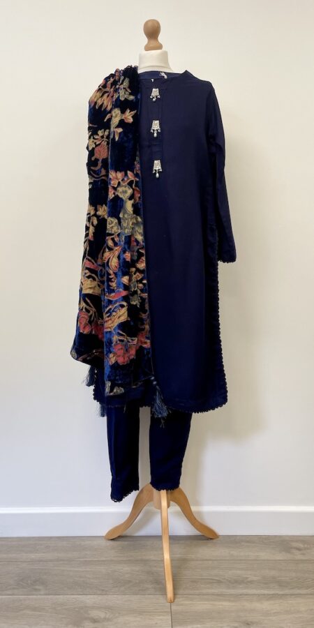 Dark blue shalwar kameez occasion wear with devoir shawl, size S
