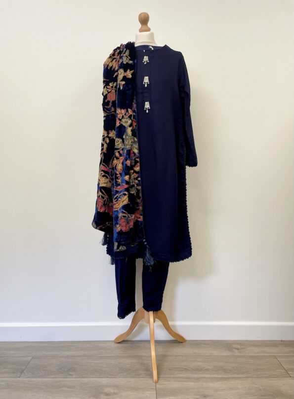Dark blue shalwar kameez occasion wear with devoir shawl, size S