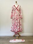 Garnet red and pink floral pattern over white anarkali suit, size 10