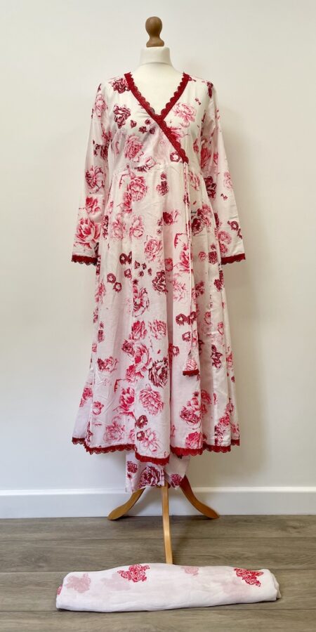 Garnet red and pink floral pattern over white anarkali suit, size 10