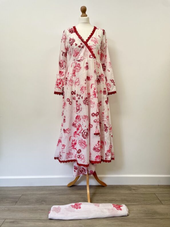 Garnet red and pink floral pattern over white anarkali suit, size 10