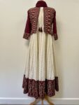 Plum and white dress, jacket, trouser outfit – full view