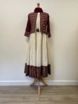 4 piece anarkali suit set with sleeveless long panelled dress, jacket, shawl and trousers, size 10