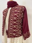 Plum and white dress, jacket, trouser outfit – full view