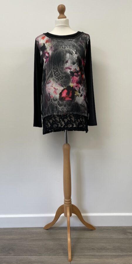 Pomodoro black long sleeved top with floral pattern, size 10
