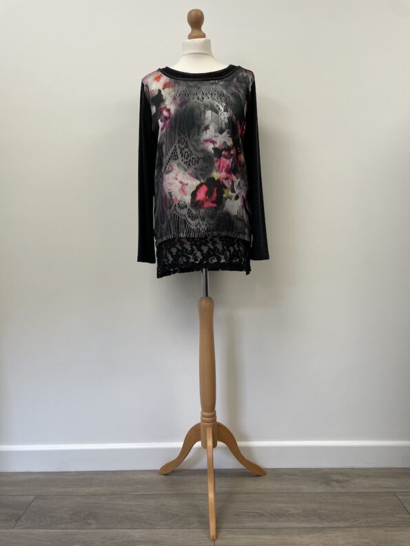 Pomodoro black long sleeved top with floral pattern, size 10
