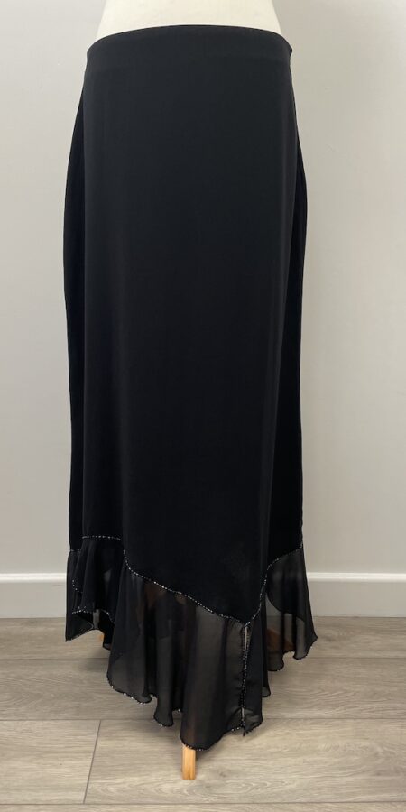 Aide black skirt with chiffon and beaded assymetric hem, size approx 12-14