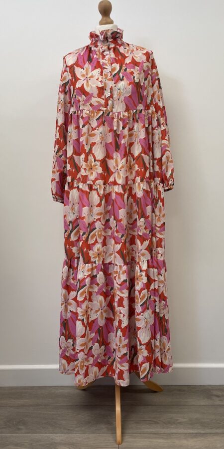 No label long sleeve pink floral tiered maxi dress, size 10-12