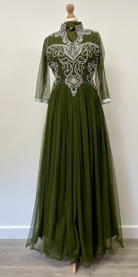 Green tulle maxi dress with silver gems
