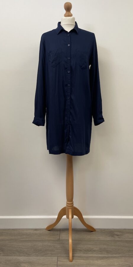 M&S navy blue button front long shirt, size 14