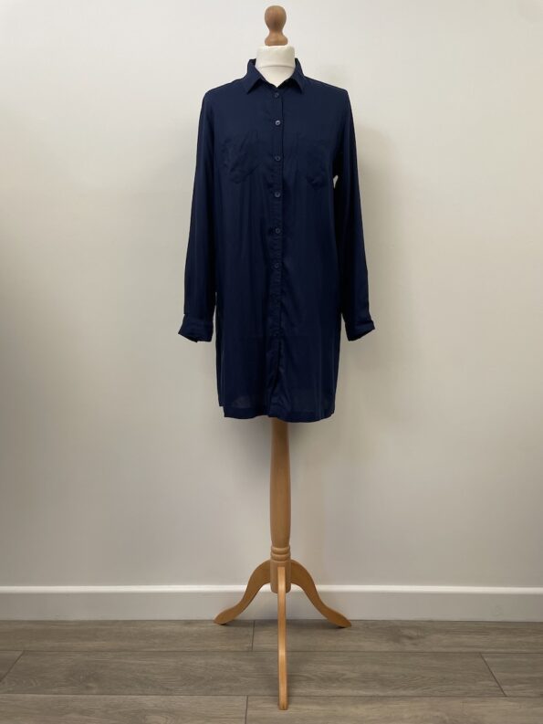 M&S navy blue button front long shirt, size 14