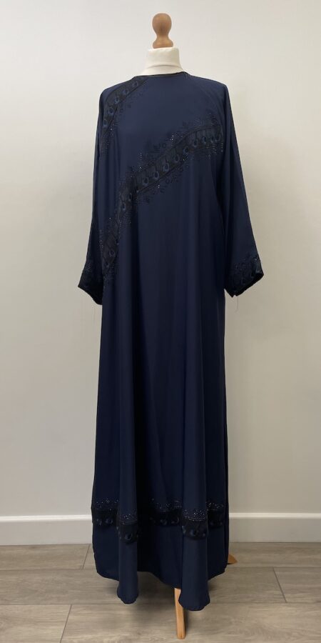 Navy blue abaya with gems and embroidery, 57" long, fits up to size 16 (suitable for nursing)