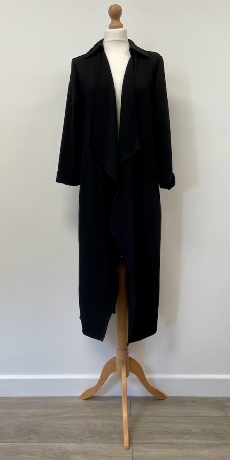 Primark black long open front jacket, size 12