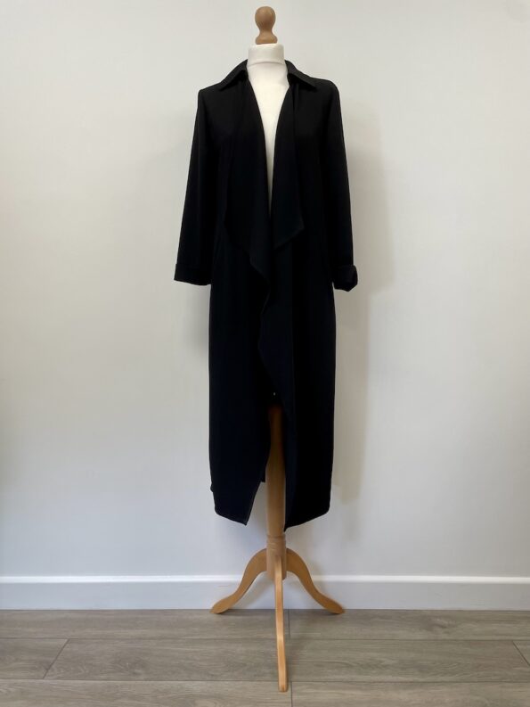 Primark black long open front jacket, size 12