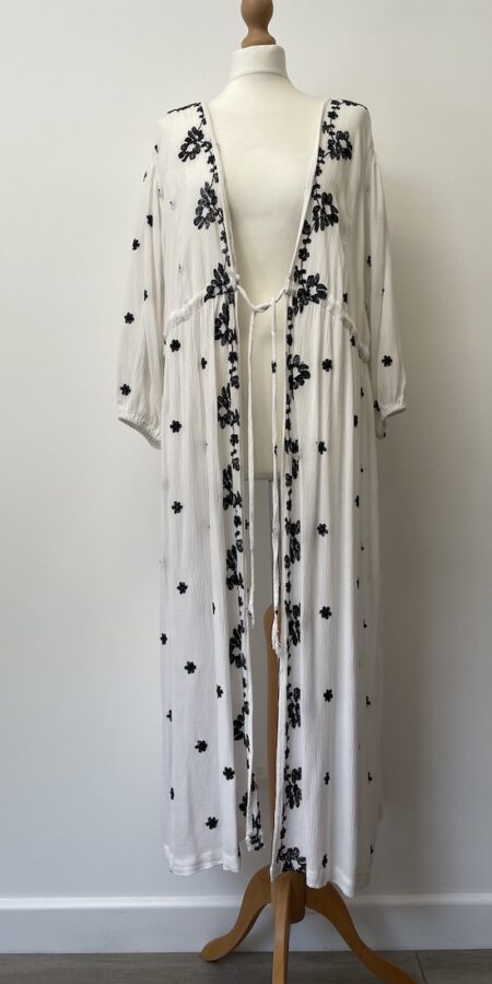 Primark long white wrap with black floral embroidery applique, size L