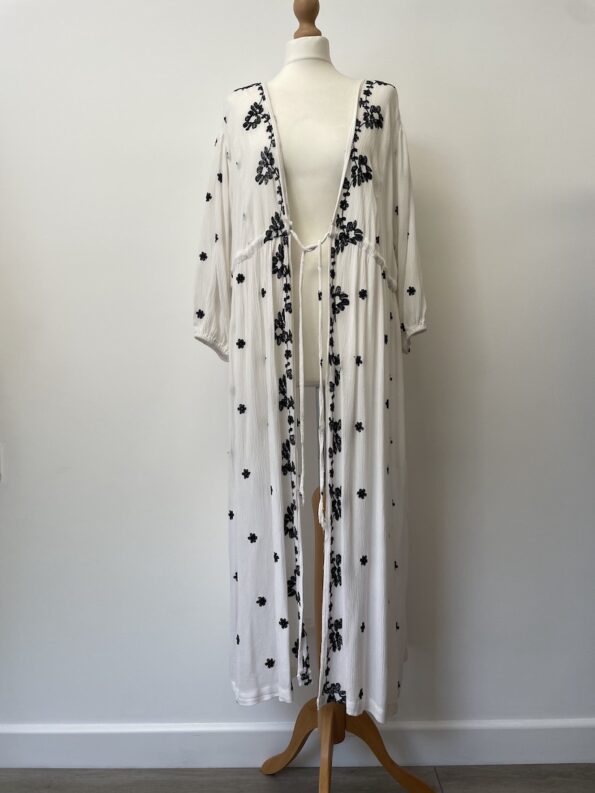 Primark long white wrap with black floral embroidery applique, size L