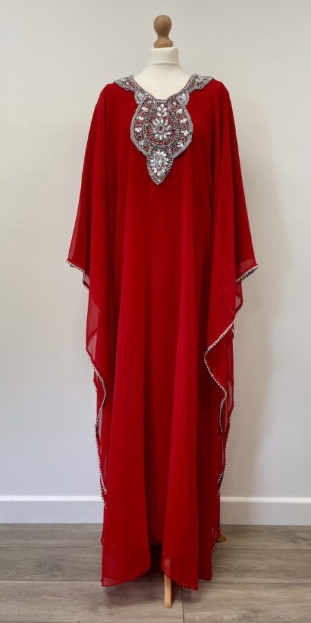 Al Haram London Red net kaftan with beading dress, fits up to size 16