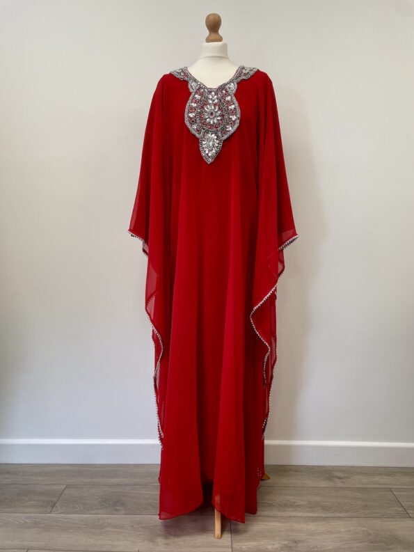Al Haram London Red net kaftan with beading dress, fits up to size 16